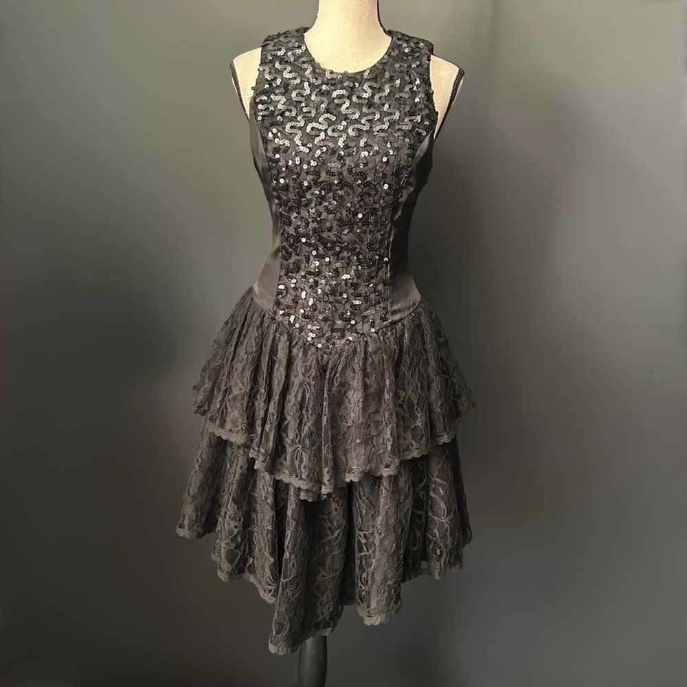 Vintage Gunne Sax Black Sequin Lace Dress Gothic Fairy Goth Whimsigoth 5/6 80s